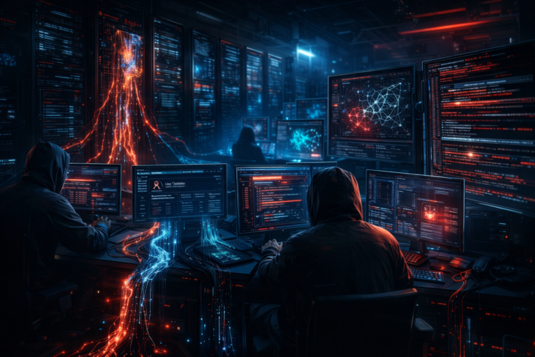 Futuristic cybersecurity operations center showing hackers exploiting a poisoned open-source software package to breach Mercor’s systems and exfiltrate sensitive data