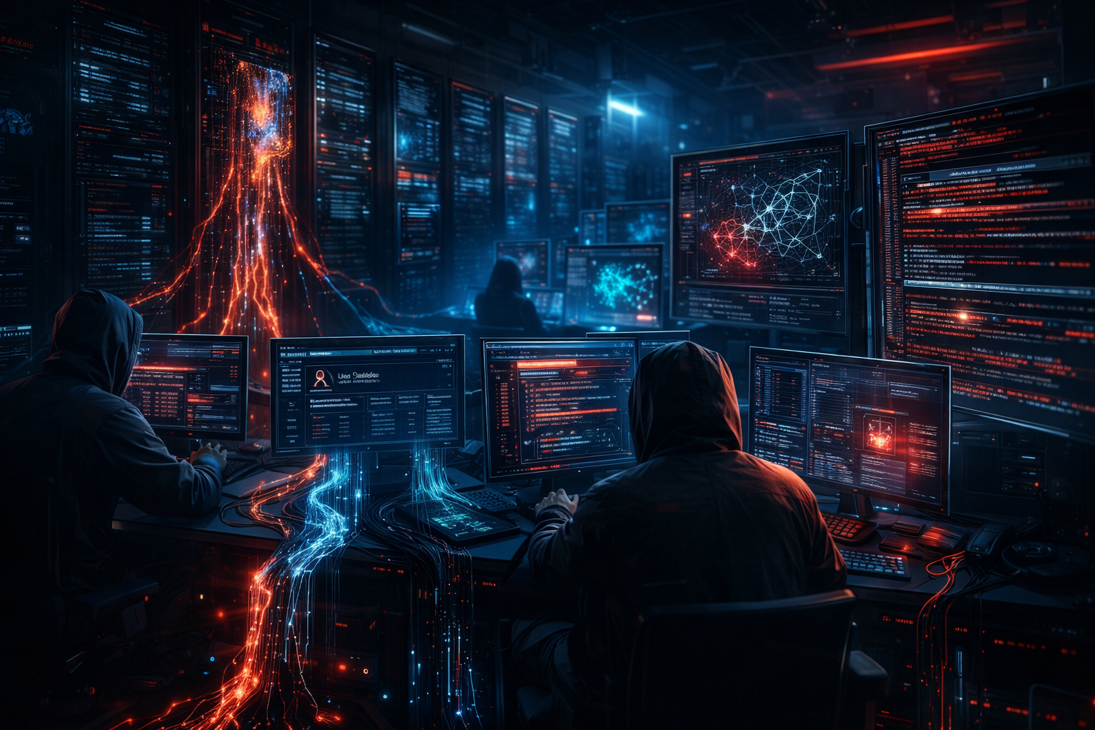 Futuristic cybersecurity operations center showing hackers exploiting a poisoned open-source software package to breach Mercor’s systems and exfiltrate sensitive data