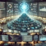 Editorial illustration of MirrorCode, an AI benchmark for autonomous software reimplementation, showing a futuristic software command center with code dashboards, testing pipelines, benchmark charts, and a holographic system rebuilding a 16,000-line codebase.