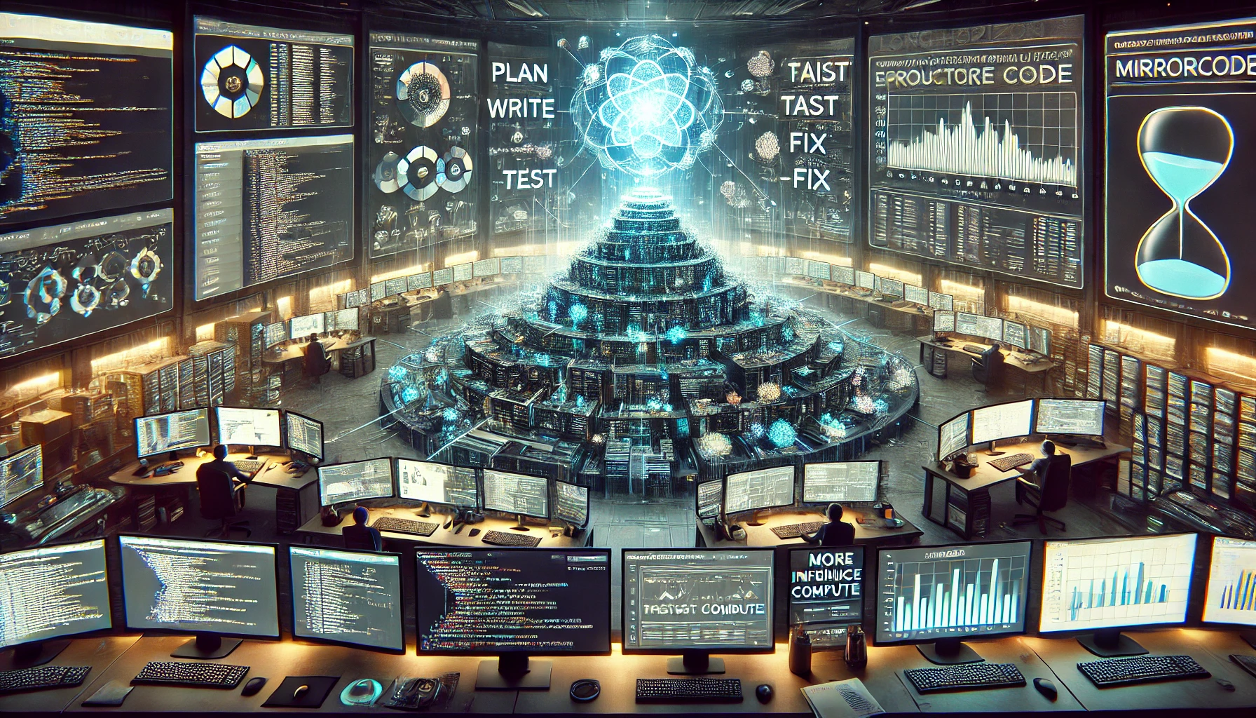 Editorial illustration of MirrorCode, an AI benchmark for autonomous software reimplementation, showing a futuristic software command center with code dashboards, testing pipelines, benchmark charts, and a holographic system rebuilding a 16,000-line codebase.