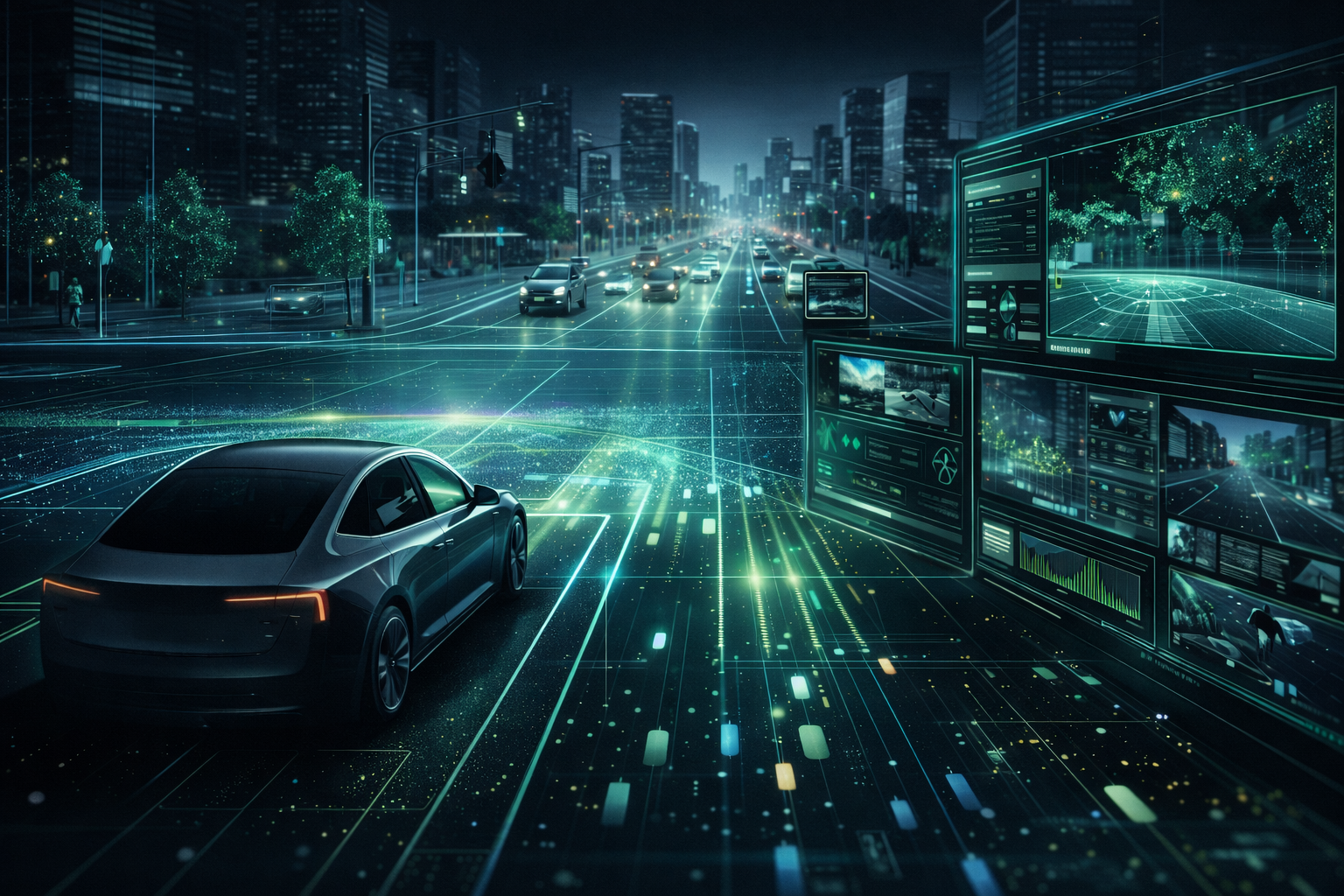 Editorial illustration of AI-driven simulation for autonomous vehicle development using digital twin technology
