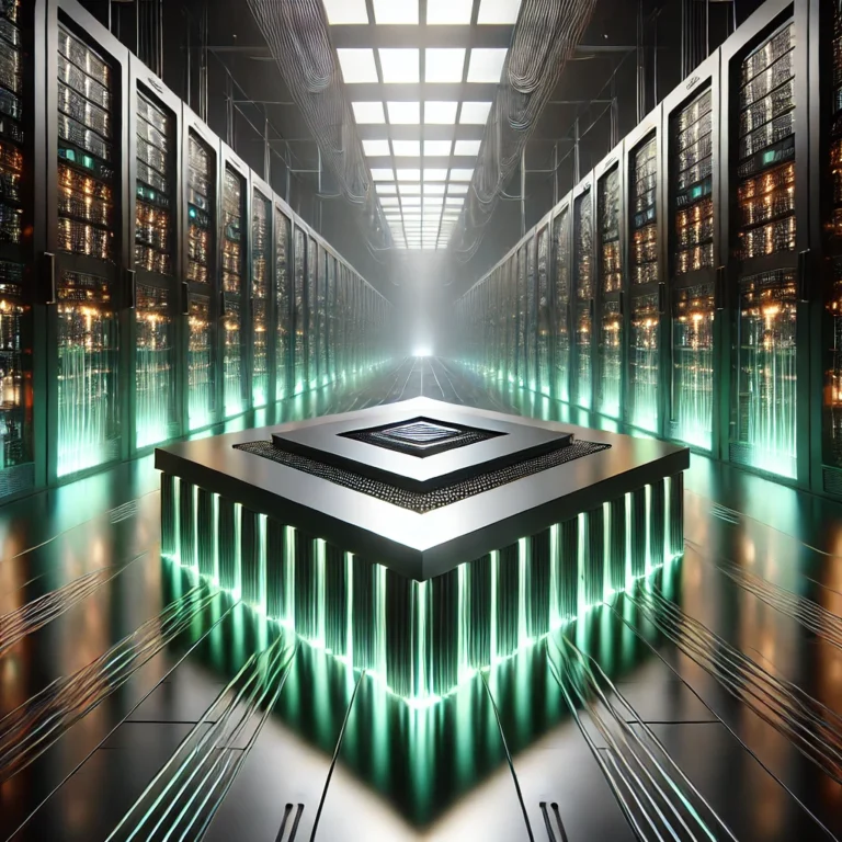 Futuristic illustration of a RISC-V semiconductor chip in a data center environment, symbolizing NVIDIA’s investment in SiFive and the future of AI infrastructure.