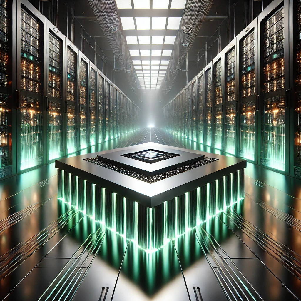 Futuristic illustration of a RISC-V semiconductor chip in a data center environment, symbolizing NVIDIA’s investment in SiFive and the future of AI infrastructure.