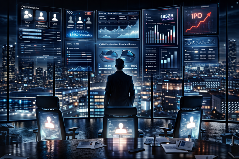 OpenAI executive reshuffle illustration showing vacant boardroom chairs, a lone leader, and corporate screens suggesting leadership changes ahead of a potential IPO