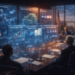 Editorial illustration of policymakers and AI executives discussing robot taxes, a public wealth fund, and a four-day workweek in Washington