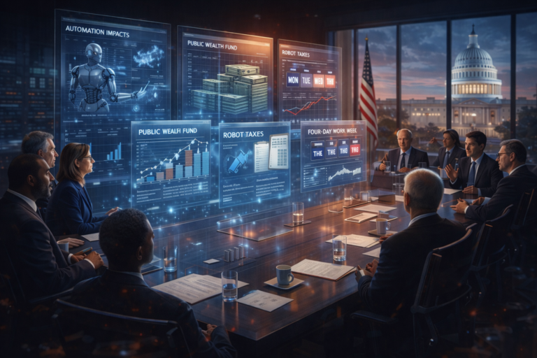 Editorial illustration of policymakers and AI executives discussing robot taxes, a public wealth fund, and a four-day workweek in Washington