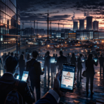 Oracle layoffs illustration showing displaced employees outside a corporate headquarters as a massive AI data center campus rises in the background