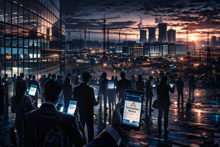 Oracle layoffs illustration showing displaced employees outside a corporate headquarters as a massive AI data center campus rises in the background