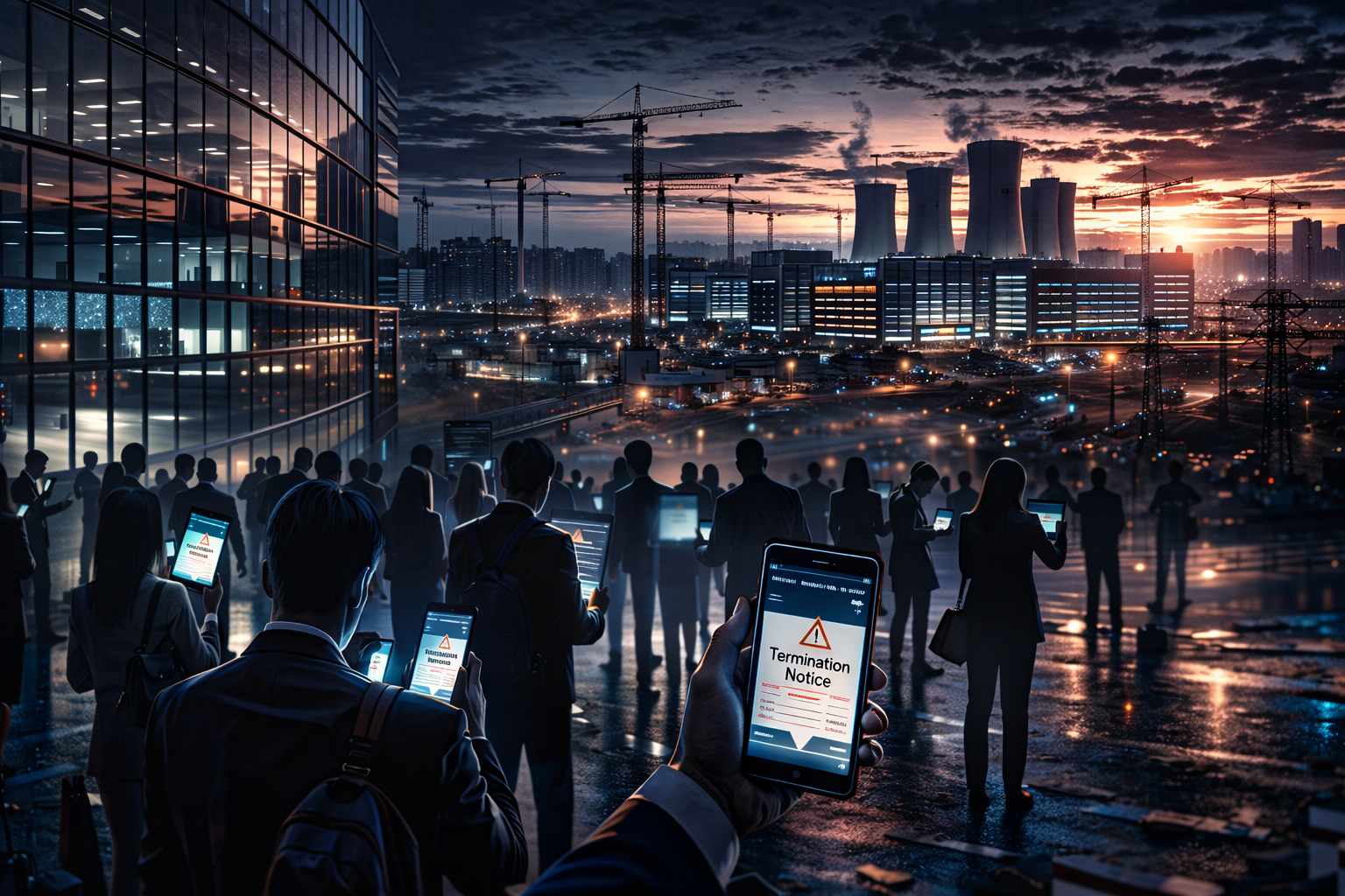Oracle layoffs illustration showing displaced employees outside a corporate headquarters as a massive AI data center campus rises in the background