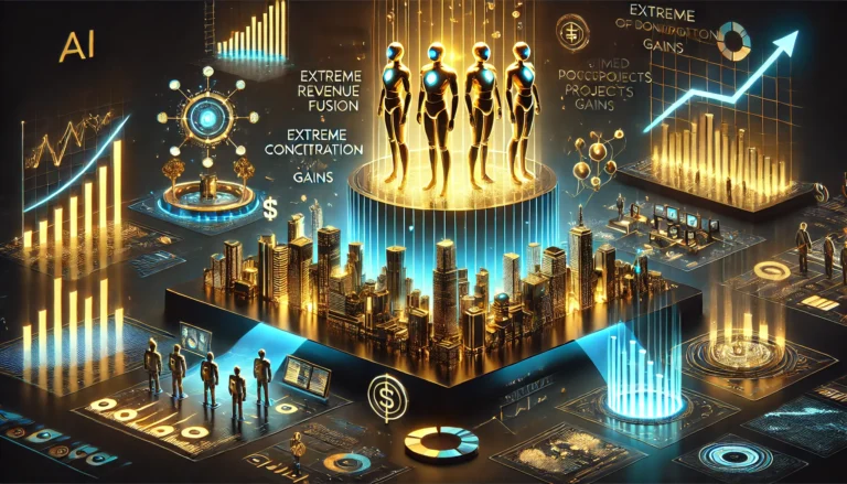 Editorial illustration showing a small group of leading companies capturing most of the economic gains from AI while the majority lag behind.