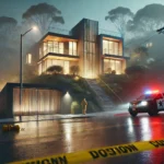 Emergency vehicles and caution tape outside a modern San Francisco hillside home during a nighttime police investigation.