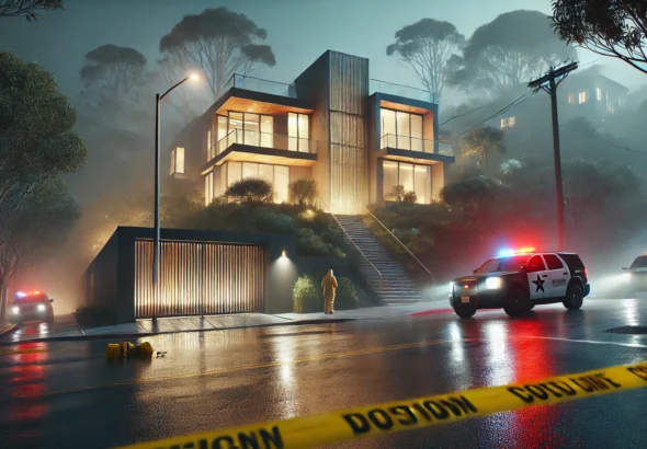 Emergency vehicles and caution tape outside a modern San Francisco hillside home during a nighttime police investigation.