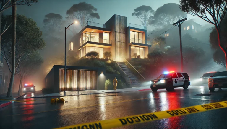 Emergency vehicles and caution tape outside a modern San Francisco hillside home during a nighttime police investigation.