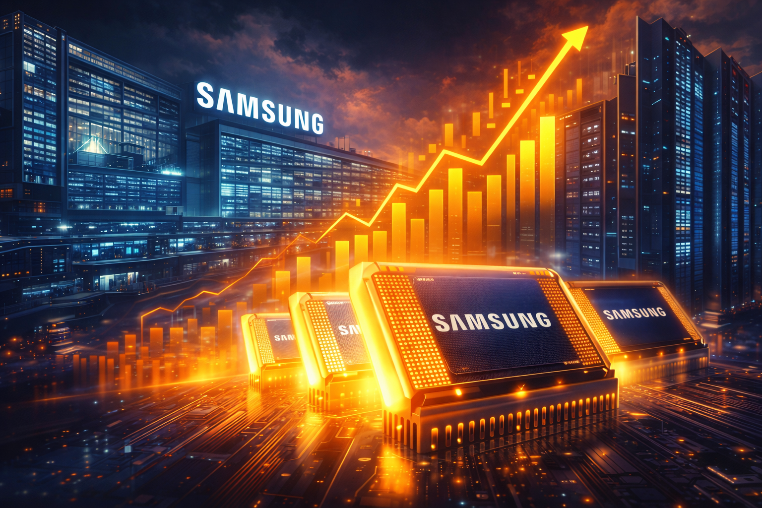 Samsung record Q1 2026 profit driven by AI memory chip demand, with HBM chips, semiconductor fabs, and hyperscale AI data centers