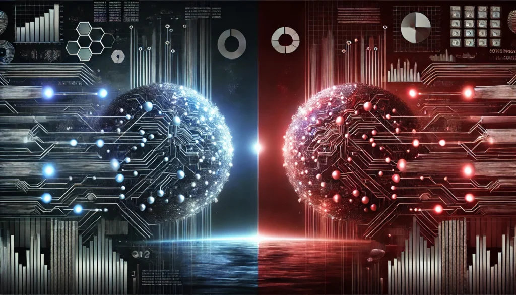 Editorial illustration of the U.S. and China as opposing glowing digital spheres, symbolizing the narrowing gap in the global AI race in 2026.