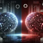 Editorial illustration of the U.S. and China as opposing glowing digital spheres, symbolizing the narrowing gap in the global AI race in 2026.