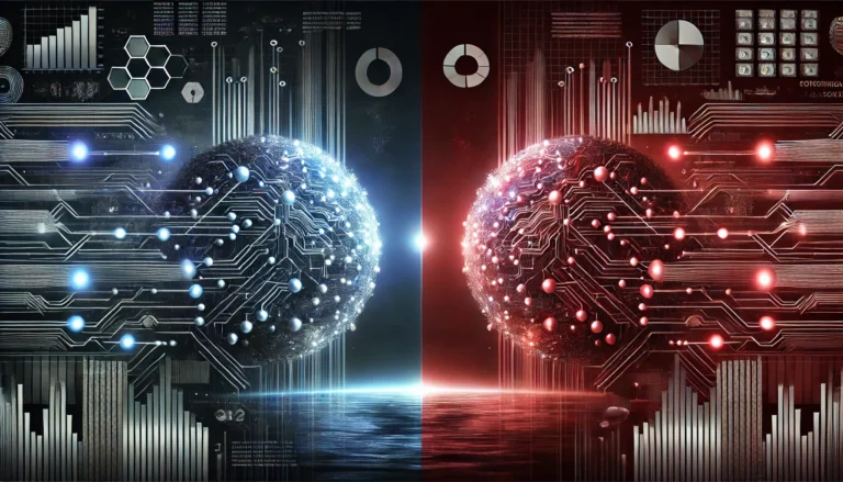 Editorial illustration of the U.S. and China as opposing glowing digital spheres, symbolizing the narrowing gap in the global AI race in 2026.