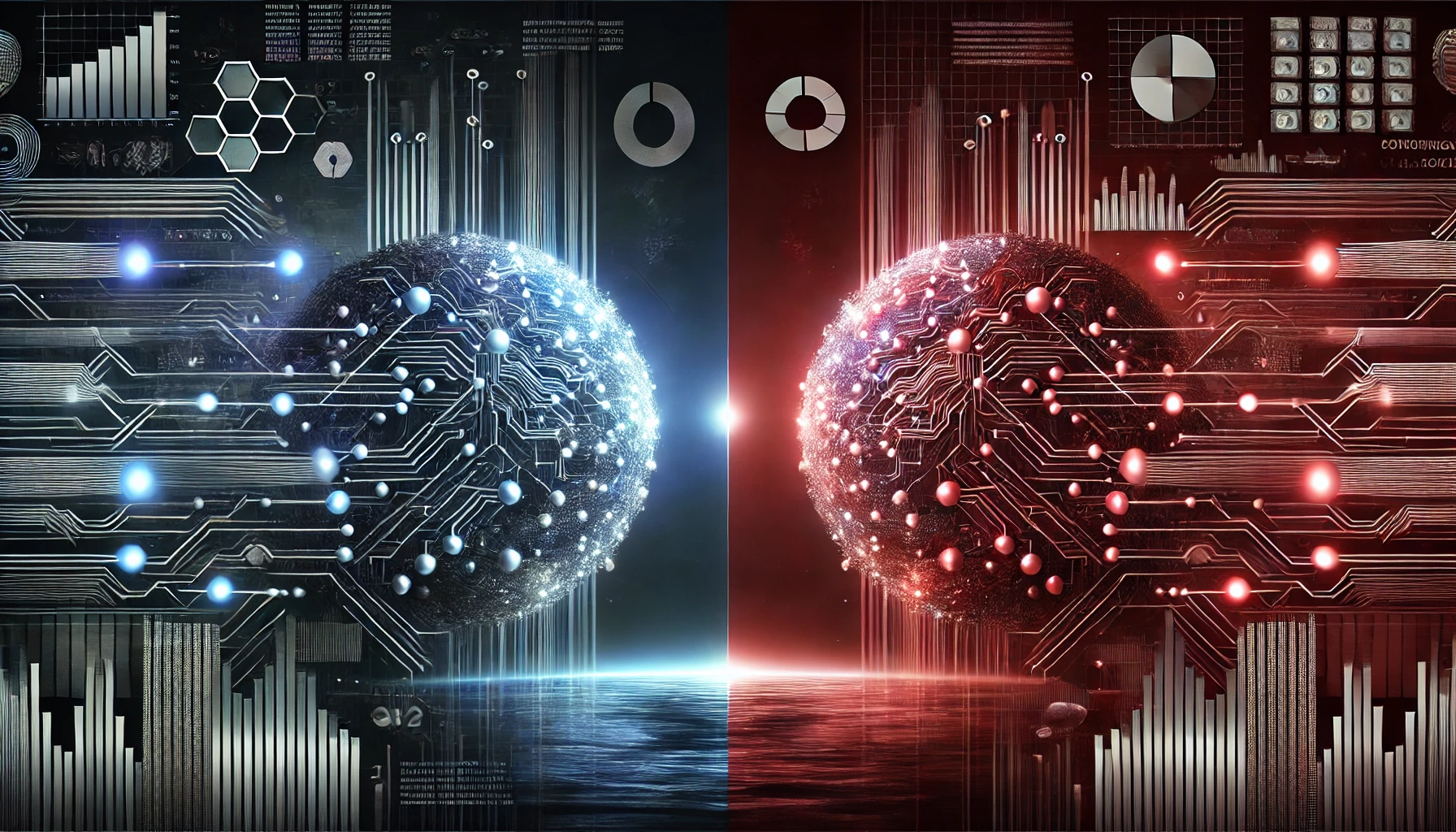 Editorial illustration of the U.S. and China as opposing glowing digital spheres, symbolizing the narrowing gap in the global AI race in 2026.