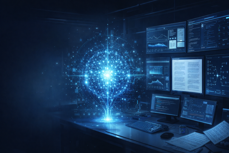 Abstract AI research lab illustration for Sakana AI’s The AI Scientist article about Nature publication and workshop peer review milestone