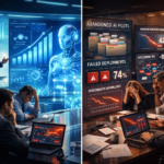 Enterprise AI promise versus reality illustration showing optimistic growth projections, failed AI pilots, declining ROI, and broken business workflows