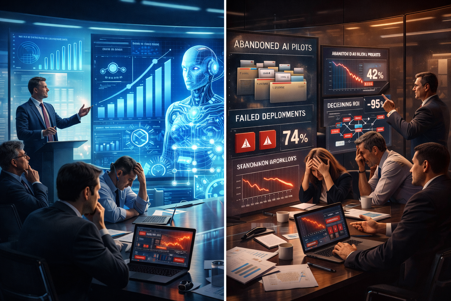Enterprise AI promise versus reality illustration showing optimistic growth projections, failed AI pilots, declining ROI, and broken business workflows